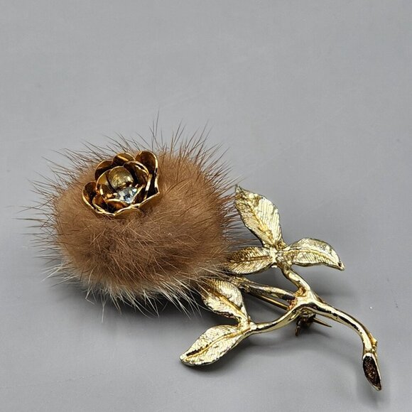 Rose Brooch Mink Fur Gold Tone Flower Long Stem Clear Rose Pin Unmarked Vtg - Picture 6 of 13